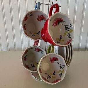 Colorful Ceramic Tea/Coffee Cups & Saucers On Stand, Beautiful Flower Designs